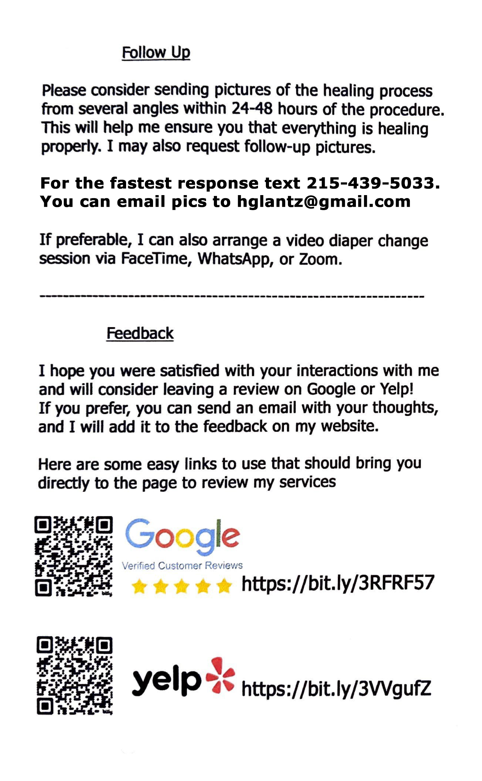 After-care card from Rabbi Glantz — back side with follow-up and feedback links