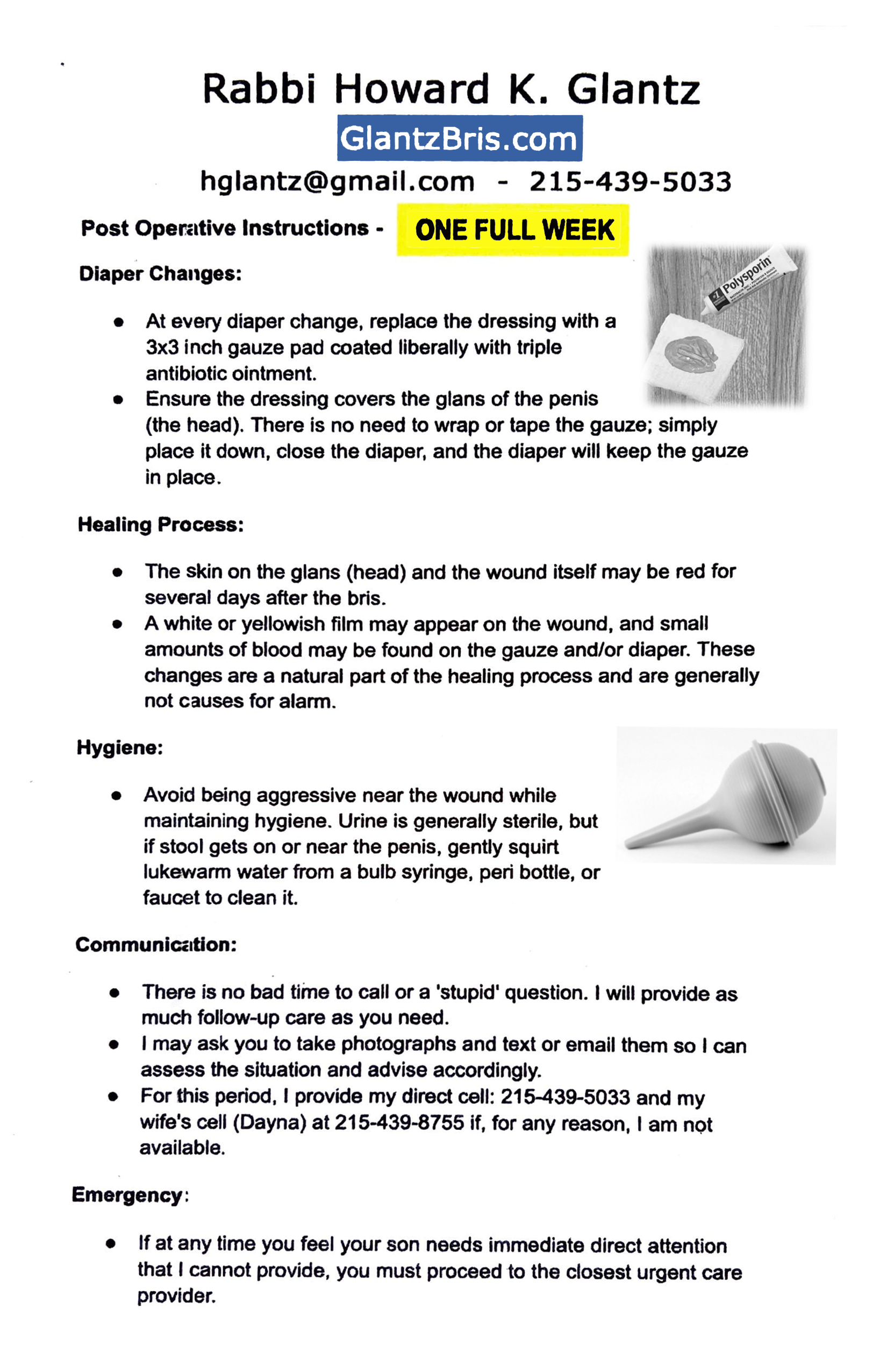After-care card from Rabbi Glantz — front side with post-op instructions